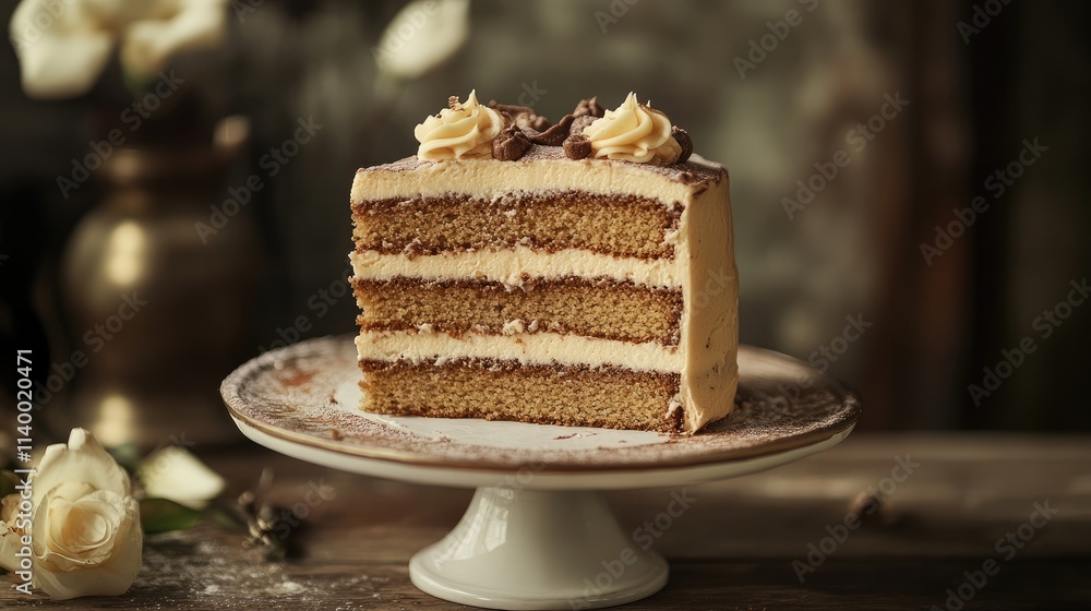 Poster deliciously layered chocolate cake with cream frosting served on an elegant cake stand with rustic b