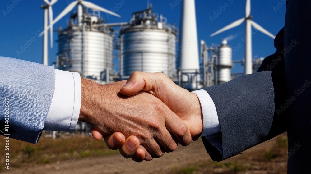 Poster two individuals shaking hands with industrial structures and wind turbines in the background.