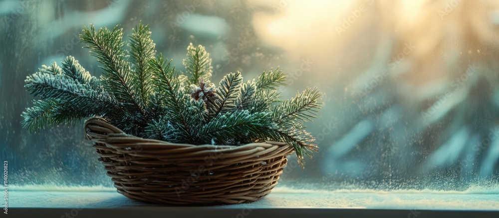 Poster spruce branches arranged in a wicker basket on a windowsill with sunlight filtering through, creatin