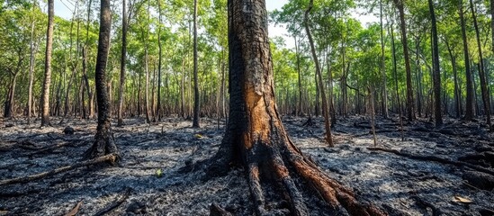 burnt tree in a lush forest after wildfire showcasing nature's resilience and recovery amidst charred surroundings and vibrant greenery