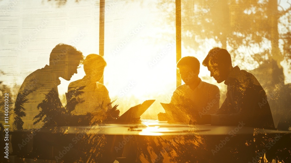 Poster a group of professionals collaborating in a bright, sunlit workspace.