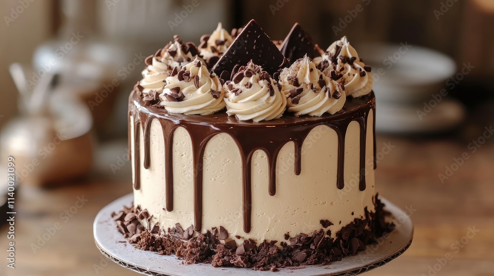 Poster decadent chocolate cake with creamy frosting and garnished with chocolate chips and triangular choco