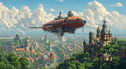 A huge airship flies over an oriental land, you can see the eastern landscape, the buildings of a medieval city, a fantasy illustration, ancient ruins