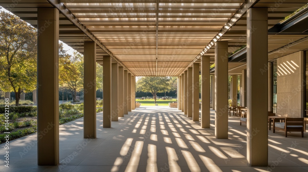 Poster a modern architectural space with columns and shaded pathways leading to a green area.
