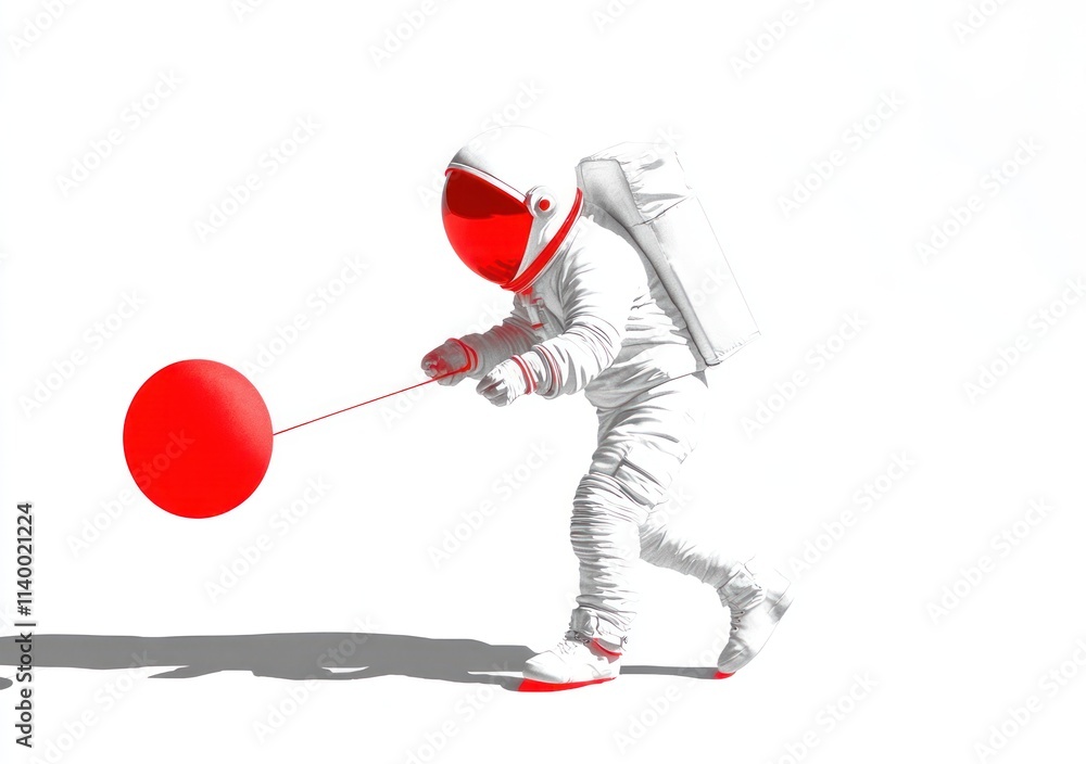 Poster An astronaut in a white suit plays with a red balloon against a minimalistic background.
