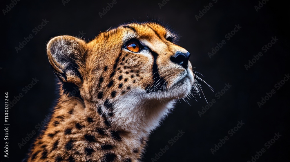 Poster a close-up portrait of a cheetah gazing upward, showcasing its striking features and expression.