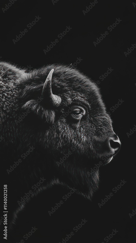 Poster a close-up of a buffalo's head against a dark background, emphasizing its features.