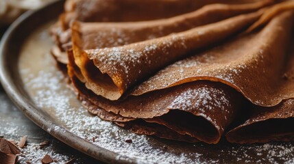 Delicious cacao crepes dusted with powdered sugar served on a rustic plate for a gourmet dessert experience