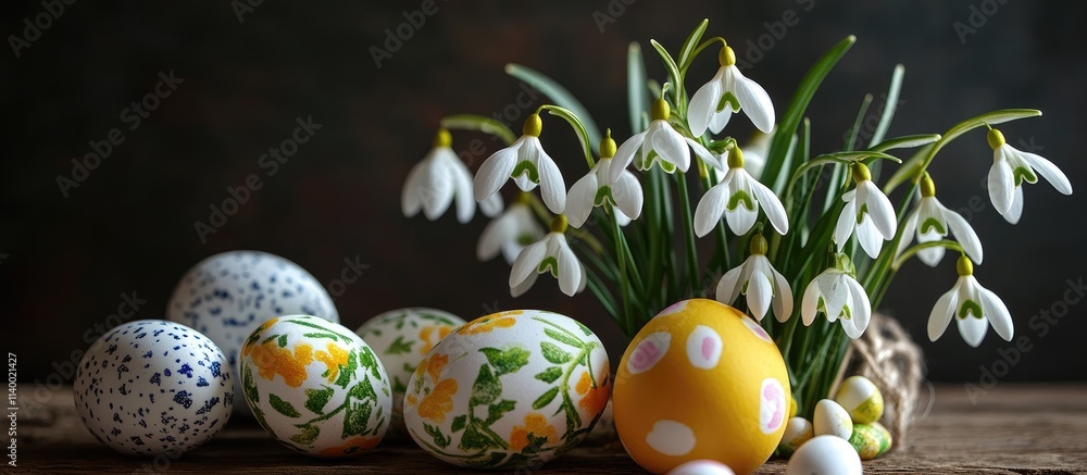 Poster snowdrop flowers arranged with colorful easter eggs in a charming spring composition on a rustic woo