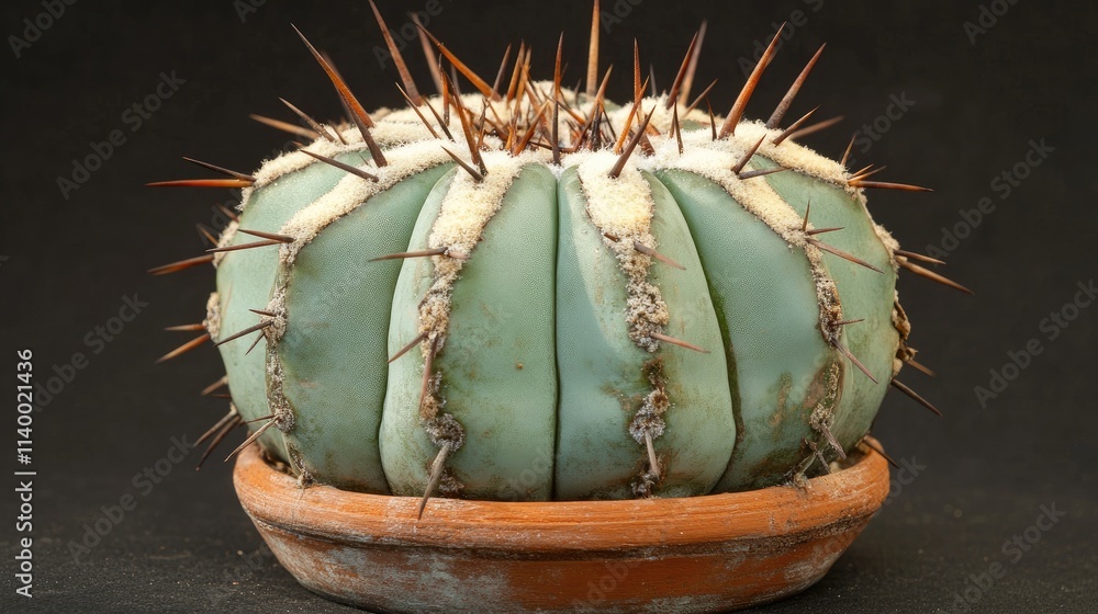 Poster cactus with prominent thorns viewed from above against a simple background showcasing its unique str