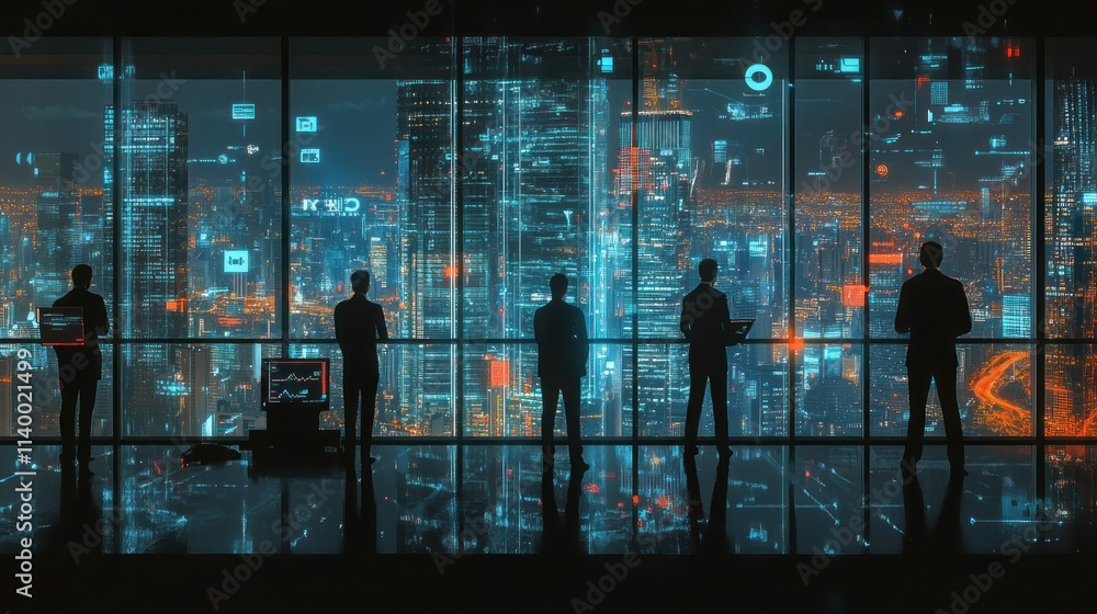 Poster a group of figures gazing at a futuristic city skyline filled with digital data overlays.