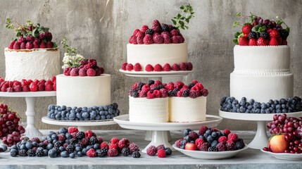 Elegant dessert display featuring assorted cakes topped with fresh berries on a contemporary table setting for festive occasions.