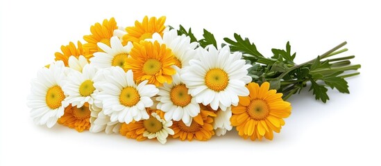 Obraz premium Bouquet of vibrant white and yellow chrysanthemums beautifully arranged on a clean white background for floral design and decoration themes
