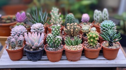 Collection of small potted cacti and succulents arranged neatly on a wooden table showcasing diverse textures and colors in a vibrant environment