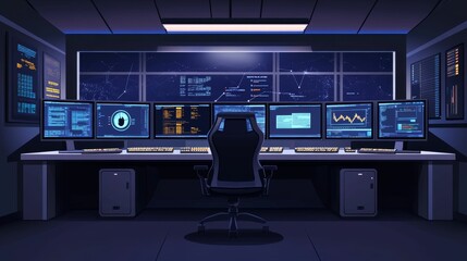 Fototapeta premium Dark control room, many screens, data displays.