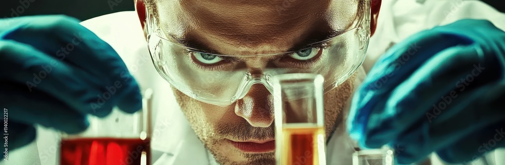 Poster a focused scientist examines colorful liquids in laboratory test tubes.