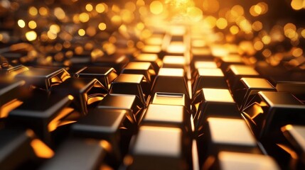 Obraz premium Gleaming Gold Cubes with Sparkling Light Reflections in Background