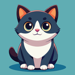 Cute little chubby grey kitten with white spots and big yellow eyes sitting straight on blue background 