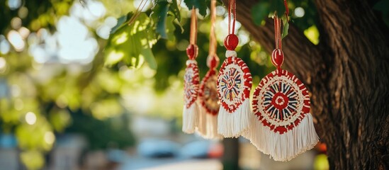 Bulgarian traditional handmade ornaments in red and white hanging from a tree celebrating cultural heritage and craftsmanship.