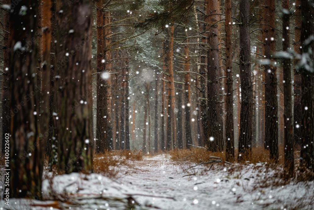 Poster a serene snowy forest scene featuring tall trees blanketed in snow with gentle flakes falling from t
