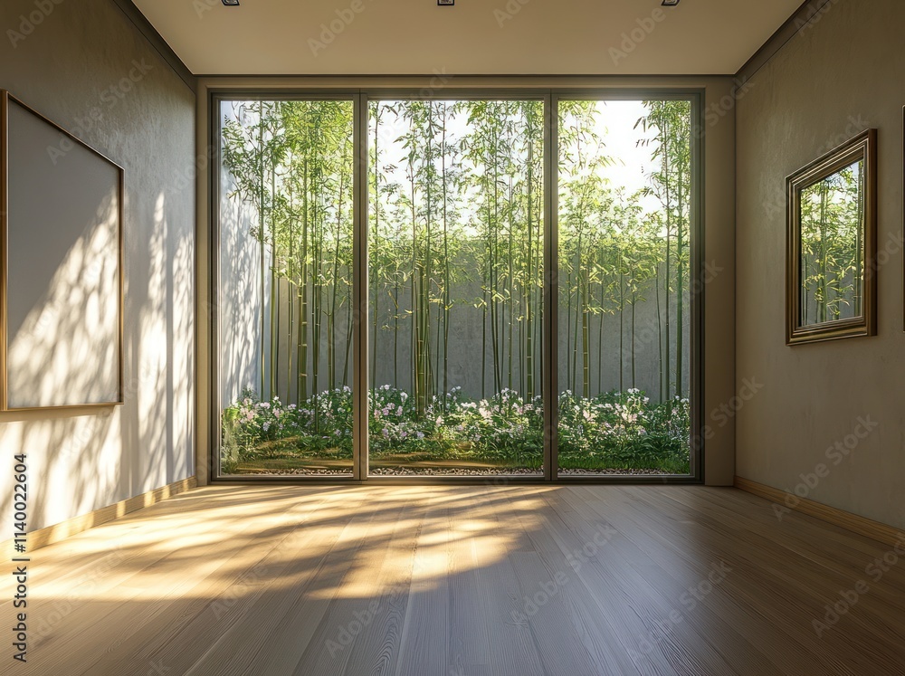 Aufkleber a serene interior space showcasing large windows that open to a bamboo garden.