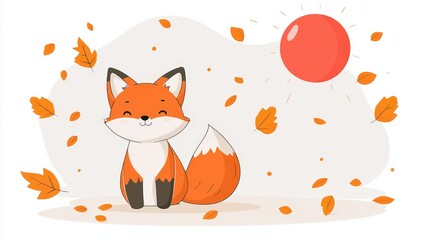Obraz premium Adorable cartoon fox sitting amidst falling autumn leaves under a warm sun; perfect for children's books, cards, or autumn-themed designs.