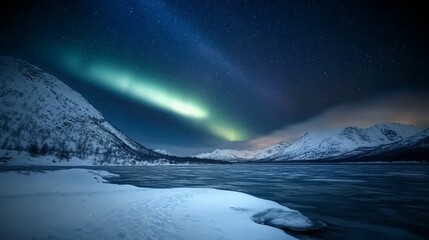 Fototapeta premium A breathtaking view of the aurora borealis dancing over a frozen lake and snow-capped mountains.