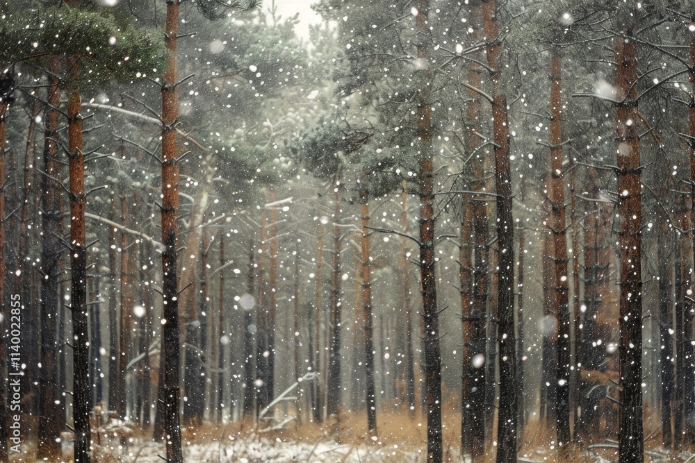 Poster a serene snowy forest scene featuring tall trees blanketed in snow with gentle flakes falling from t