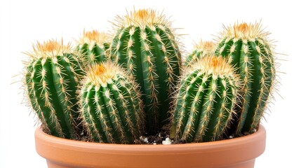 Cactus cluster in a brown ceramic pot against a clean white background showcasing vibrant green spines and textured surface details.