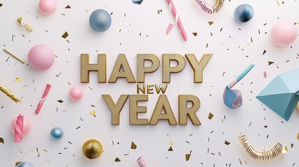 Happy New Year 2025 Modern New Year Celebration with Gold Letters, Colorful Balloons, and Festive Party Accessories on a White Background
