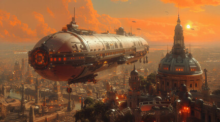 A huge airship flies over an oriental land, you can see the eastern landscape, the buildings of a medieval city, a fantasy illustration, ancient ruins