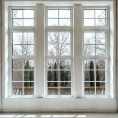 view from the large panoramic window onto the street. tall large window in a white frame