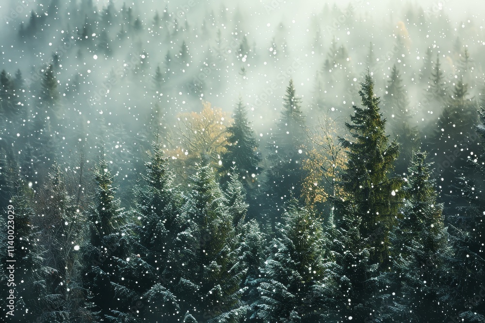 Poster a tranquil forest scene with snowflakes cascading down, covering the trees and creating a winter won