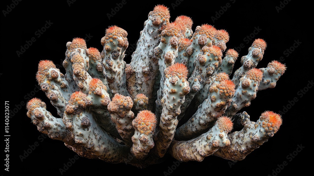 Poster uebelmannia species cactus presented in artistic studio setting with naturalistic background highlig