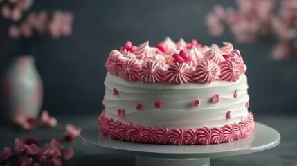 Delicious pink frosted cake with decorative hearts on a soft background perfect for celebrations and desserts