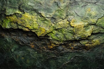 A textured rock face with a dark, rough lower section and a lighter, mossy upper section.