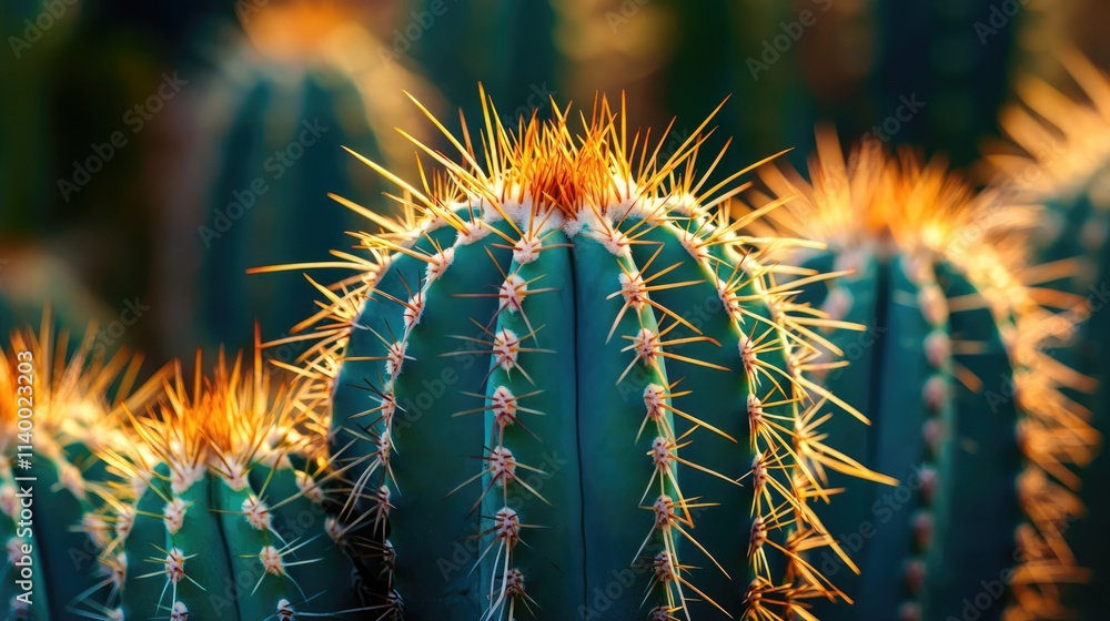 Poster vibrant close-up of a spiky cactus in a desert setting highlighting textures and colors for design b