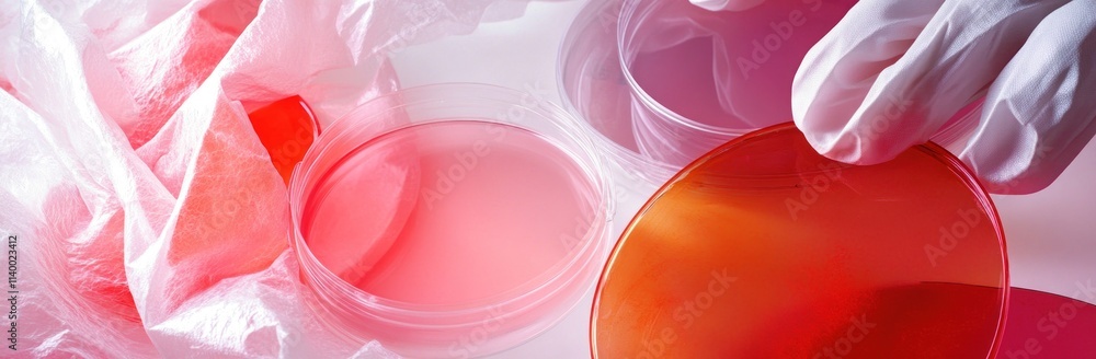 Poster a close-up of petri dishes and gloves, indicating a laboratory setting for scientific experiments.