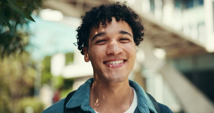 Happy man, face and outdoor campus for education, travel and student proud of college scholarship. Male person, portrait and confidence at university for learning, morning and commute to academy