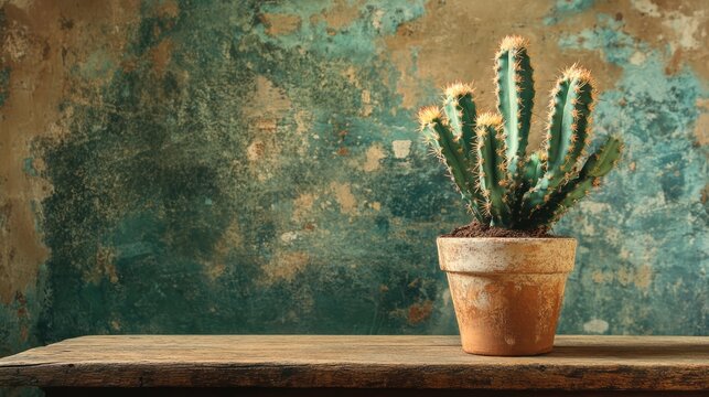 Cactus in terracotta pot on rustic wooden table against textured blue-green wall in still life composition