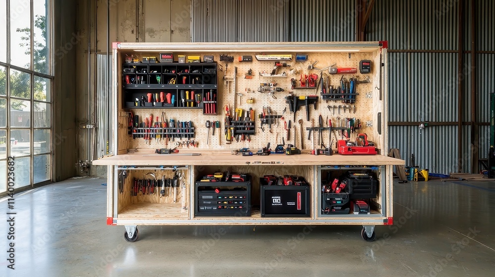 Poster efficient compact workbench featuring organized tool racks for seamless task management and enhanced