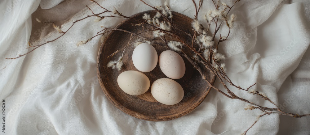 Aufkleber natural serene composition of eggs on rustic plate with cotton branches on soft fabric background in