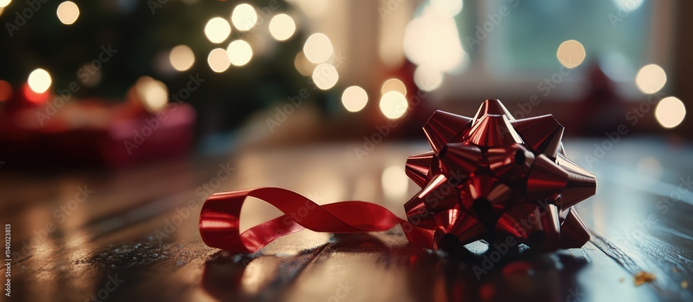 Poster elegant red ribbon and metallic bow on a rustic wooden table with festive bokeh lights in the backgr