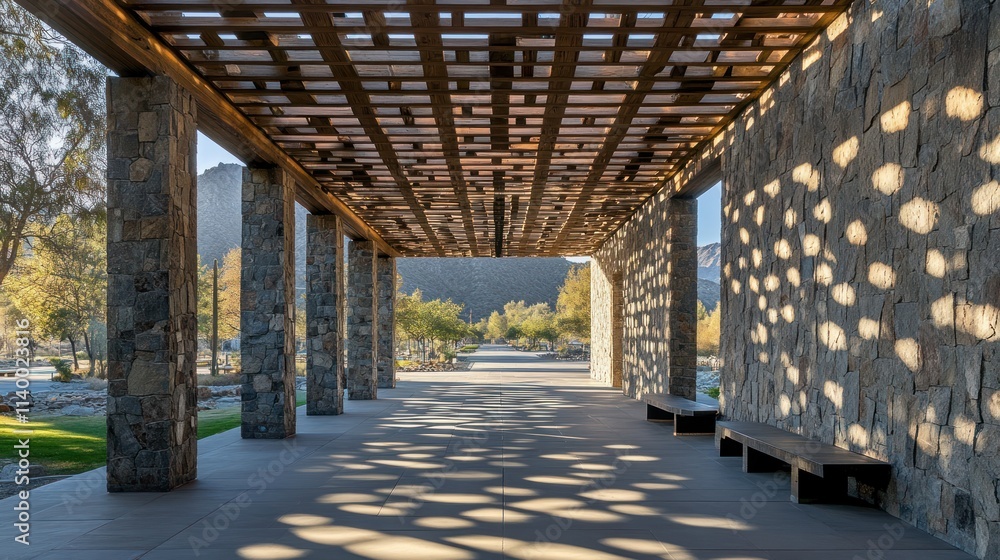 Aufkleber a serene architectural space with stone walls and a wooden trellis casting patterned shadows.