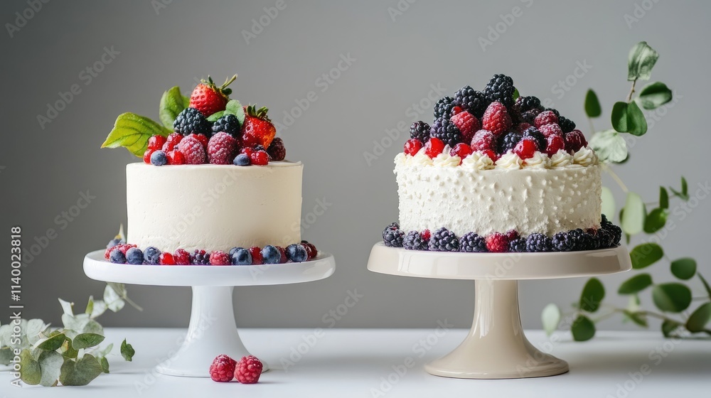 Poster elegant dessert display featuring two exquisite cakes topped with fresh berries on a minimalist tabl