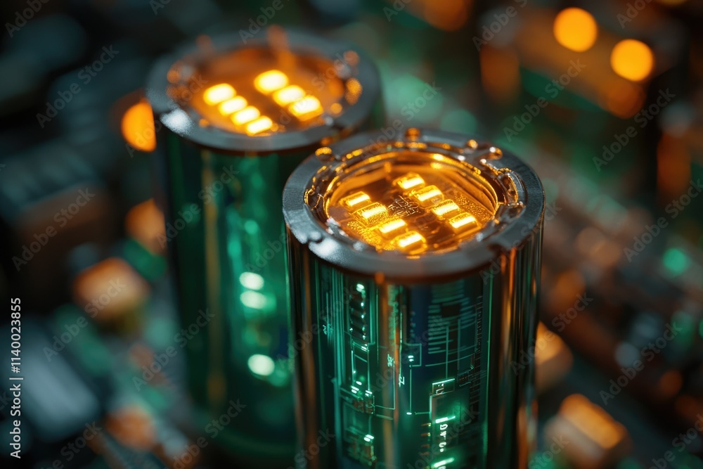 Poster close-up of illuminated cylindrical components on a circuit board, suggesting advanced technology.