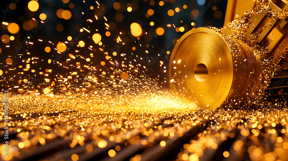 Poster a close-up of golden sparks flying from a spinning tool, creating a sparkling effect against a dark 