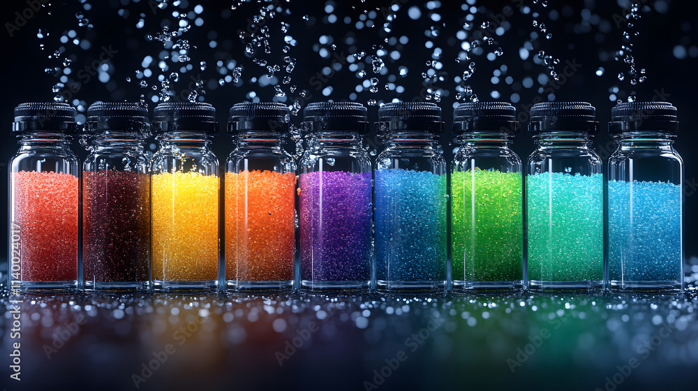 Poster colorful jars filled with vibrant beads are displayed against a dark background, with sparkling drop