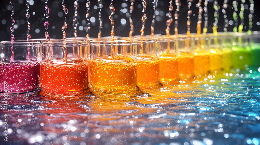 Poster A vibrant display of colorful liquids in glasses, creating a visually appealing pattern with sparkling water droplets in the background