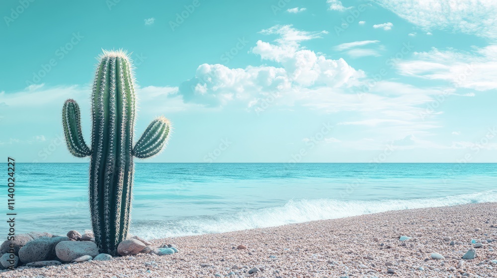 Poster lone cactus on a serene beach with turquoise waters and gentle waves under a bright sky creating a t